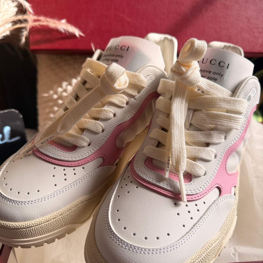 Gucci Re-web Cream and Pink Lace-Up Sneakers